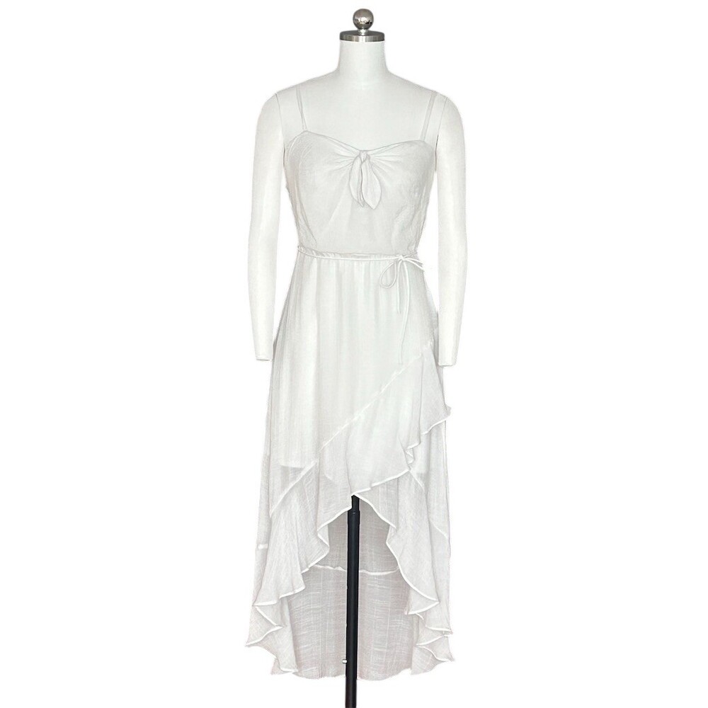 By By Dress Womens Size Small White High-Low Midi Tie-Front Ruffle Hem